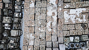 Rows of snow covered landscaping materials