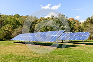 Rows of solar panels in a grassy field surrounded by forest nder blue sky in autumn