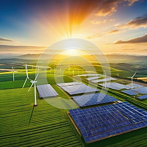 Rows of solar panels and wind turbines on green landscape hybrid renewable energy