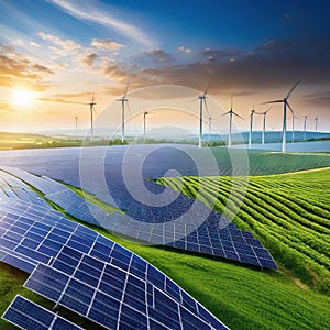 Rows of solar panels and wind turbines on green landscape hybrid renewable energy