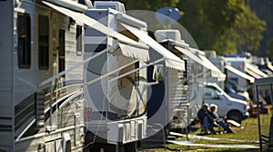 Rows of solarpowered RVs are parked in a campsite their owners relaxing outside under the shade of retractable awnings