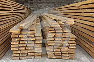 Rows of stacked lumber