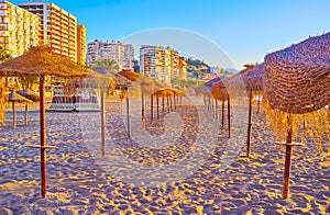 The rows of straw sunshades, Malagueta beach, Malaga, Spain