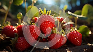 Rows of strawberries stretch far into the field a red carpet of fruits. Strawberries peak in ripeness, ready for picking