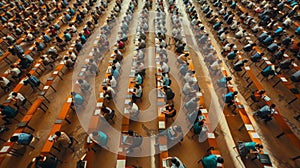 Rows of students seated in a large hall writing an exam.. AI generated