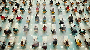 Rows of students seated in a large hall writing an exam.. AI generated