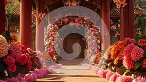 Rows of stunning floral arrangements adorn the entrance of a temple welcoming in the new year