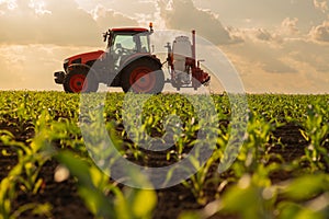 Green corn field in the sunset