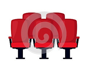 Rows of theater movie or cinema seats isolated on white. Red velvet chairs. Premier showtime comfortable seating. Vector