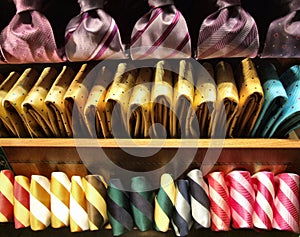 Rows of ties on a shop shelf