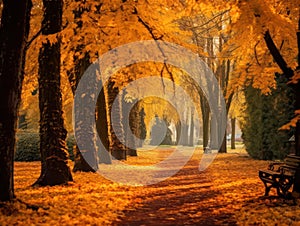 Rows of trees lining long empty park path or footpath in the autumn fall