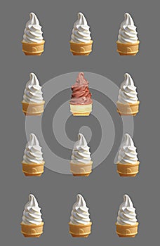 Rows of Two Types of Soft Serve Ice Cream Cones Isolated on Grey Background