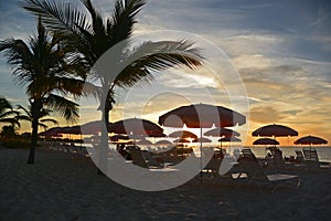 Rows of Umbrellas and Beach Chairs at Sunset, Turks & Caicos