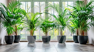 rows of uniformed potted plants adorning the entrance to a modern office complex, enhancing the corporate ambiance with photo