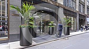 rows of uniformed potted plants adorning the entrance to a modern office complex, enhancing the corporate ambiance with photo