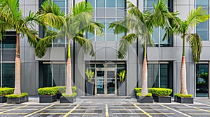 rows of uniformed potted plants adorning the entrance to a modern office complex, enhancing the corporate ambiance with photo