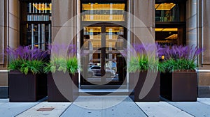 rows of uniformed potted plants adorning the entrance to a modern office complex, enhancing the corporate ambiance with photo