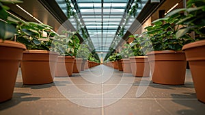 rows of uniformed potted plants adorning the entrance to a modern office complex, enhancing the corporate ambiance with photo