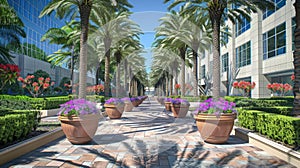 rows of uniformed potted plants adorning the entrance to a modern office complex, enhancing the corporate ambiance with photo