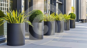 rows of uniformed potted plants adorning the entrance to a modern office complex, enhancing the corporate ambiance with photo