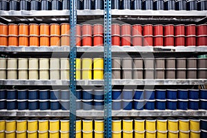 rows of unlabelled paint cans on industrial shelves