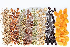 Rows of various nuts, seeds and dried fruit against a white background.