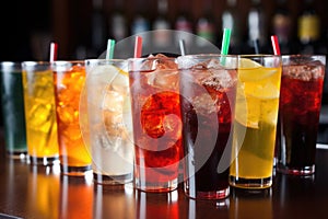 rows of various soft drinks and sodas