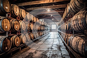 rows of whiskey barrels aging in oak casks