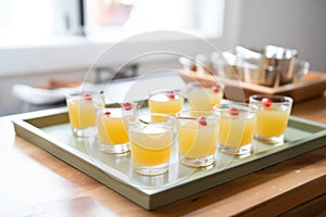 rows of whiskey sours prepared for party, on serving tray