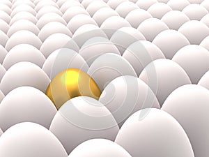 Rows of white eggs with one golden egg among