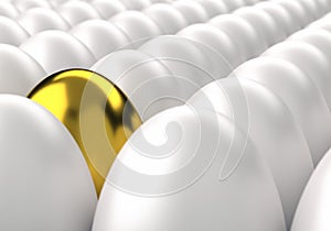 Rows of white eggs with one golden egg among