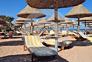 Rows of wicker beach umbrellas and empty loungers underneath