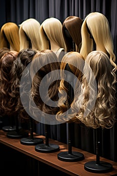 rows of wigs on mannequin heads for display