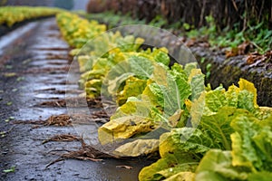 rows of wilted lettuce with yellowing leaves