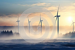 Rows of wind turbines generating power in scenic evening scenery at winter. Windmills generating green energy on background of