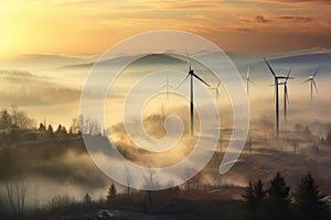 Rows of wind turbines generating power in scenic evening scenery at winter. Windmills generating green energy on background of