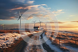 Rows of wind turbines generating power in scenic evening scenery at winter. Windmills generating green energy on background of