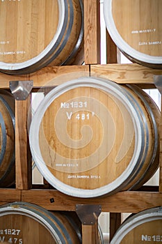 Rows of wine barrels in vaults at the winery.