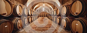 Rows of Wine Barrels in Vintage Cellar