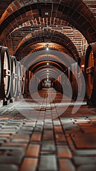 Rows of Wine Barrels in Vintage Wine Cellar