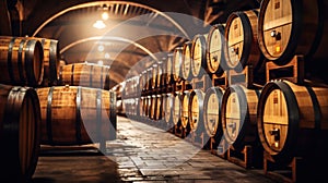 Rows of wine barrels in wine-vaults in order. Cellar with French barrique wine casks. Generative AI