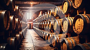 Rows of wine barrels in wine-vaults in order. Cellar with French barrique wine casks. Generative AI