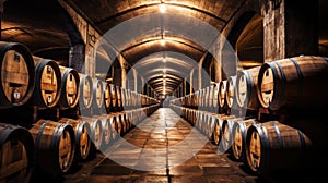 Rows of wine barrels in wine-vaults in order. Cellar with French barrique wine casks. Generative AI