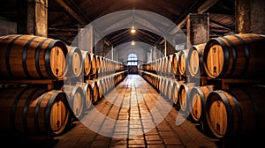 Rows of wine barrels in wine-vaults in order. Cellar with French barrique wine casks. Generative AI