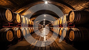 Rows of wine barrels in wine-vaults in order. Cellar with French barrique wine casks. Generative AI