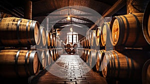 Rows of wine barrels in wine-vaults in order. Cellar with French barrique wine casks. Generative AI