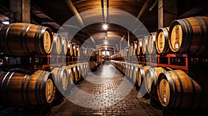 Rows of wine barrels in wine-vaults in order. Cellar with French barrique wine casks. Generative AI