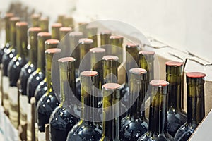 Rows of wine bottles in wine store, close up