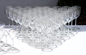 Rows of wine glasses waiting to be used