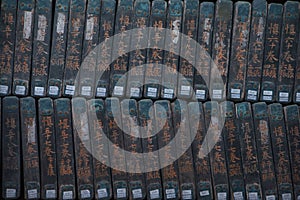 Rows of wood blocks of Tripitaka Koreana Buddhist Scriptures in Haeinsa Temple in South Korea